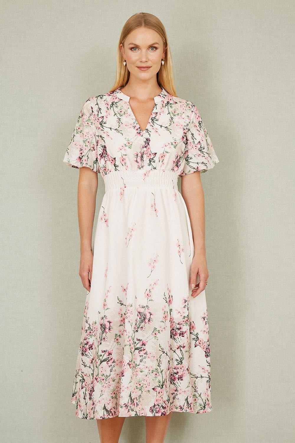 Yumi Yumi Women's White Mirrored Floral Button Up Midi Dress With Ruched Waist in Ivory