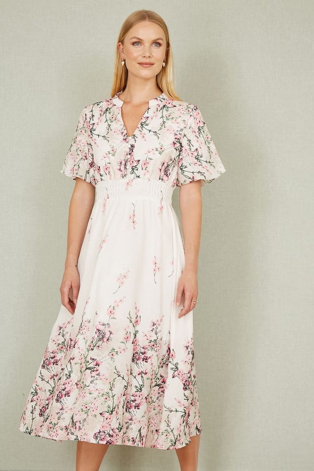 Yumi Yumi Women's White Mirrored Floral Button Up Midi Dress With Ruched Waist in Ivory - 2