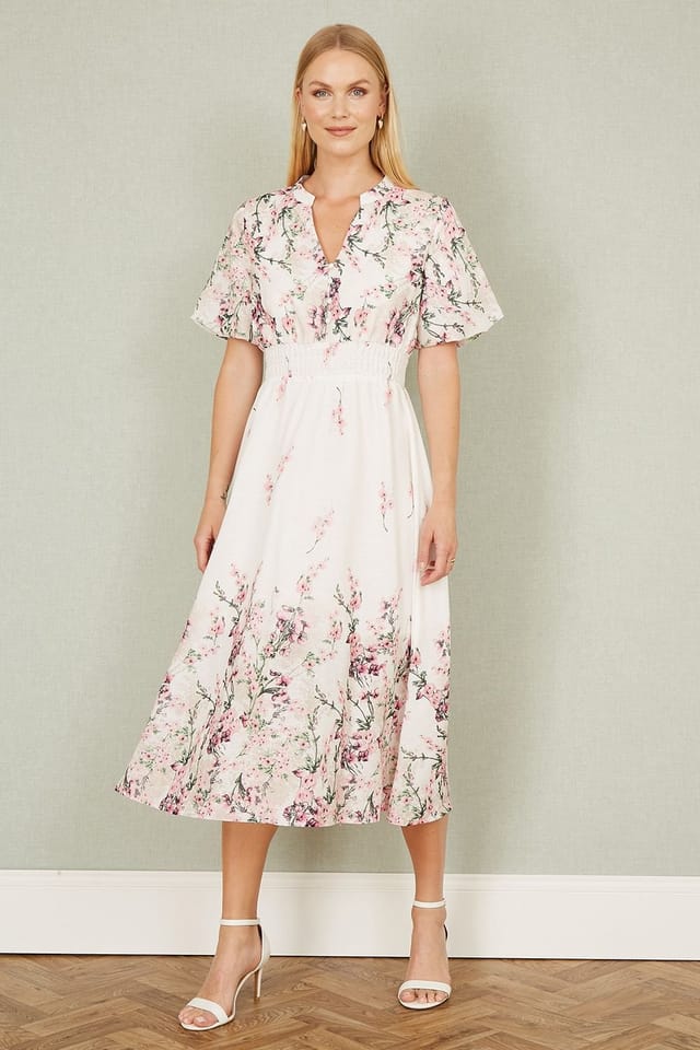 Yumi Yumi Women's White Mirrored Floral Button Up Midi Dress With Ruched Waist in Ivory - 3