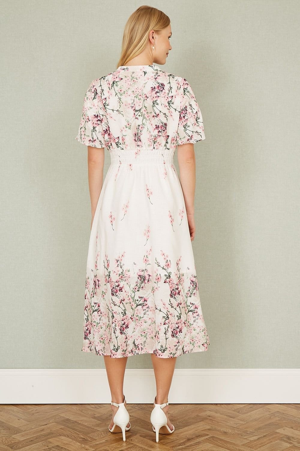 Yumi Yumi Women's White Mirrored Floral Button Up Midi Dress With Ruched Waist in Ivory - 4