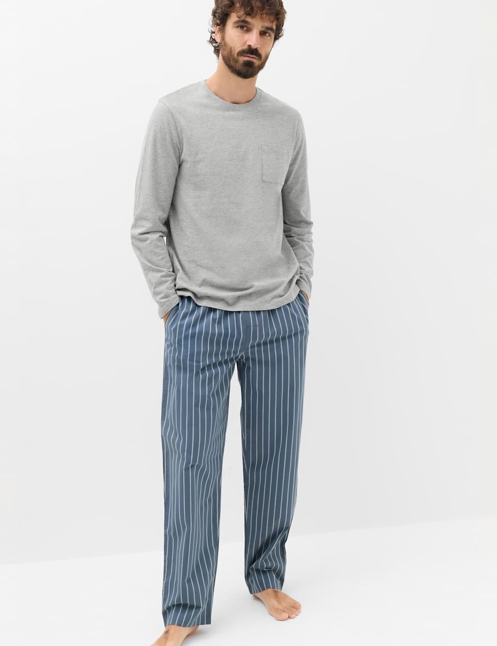 Marks & Spencer M&S Pure Cotton Striped Pyjama Set Blue Mix
