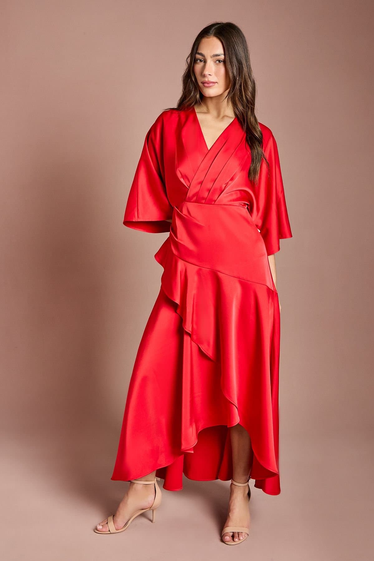 Coast Coast Women's Satin Back Crepe Ruffle Wrap Midi Dress in Flame Red