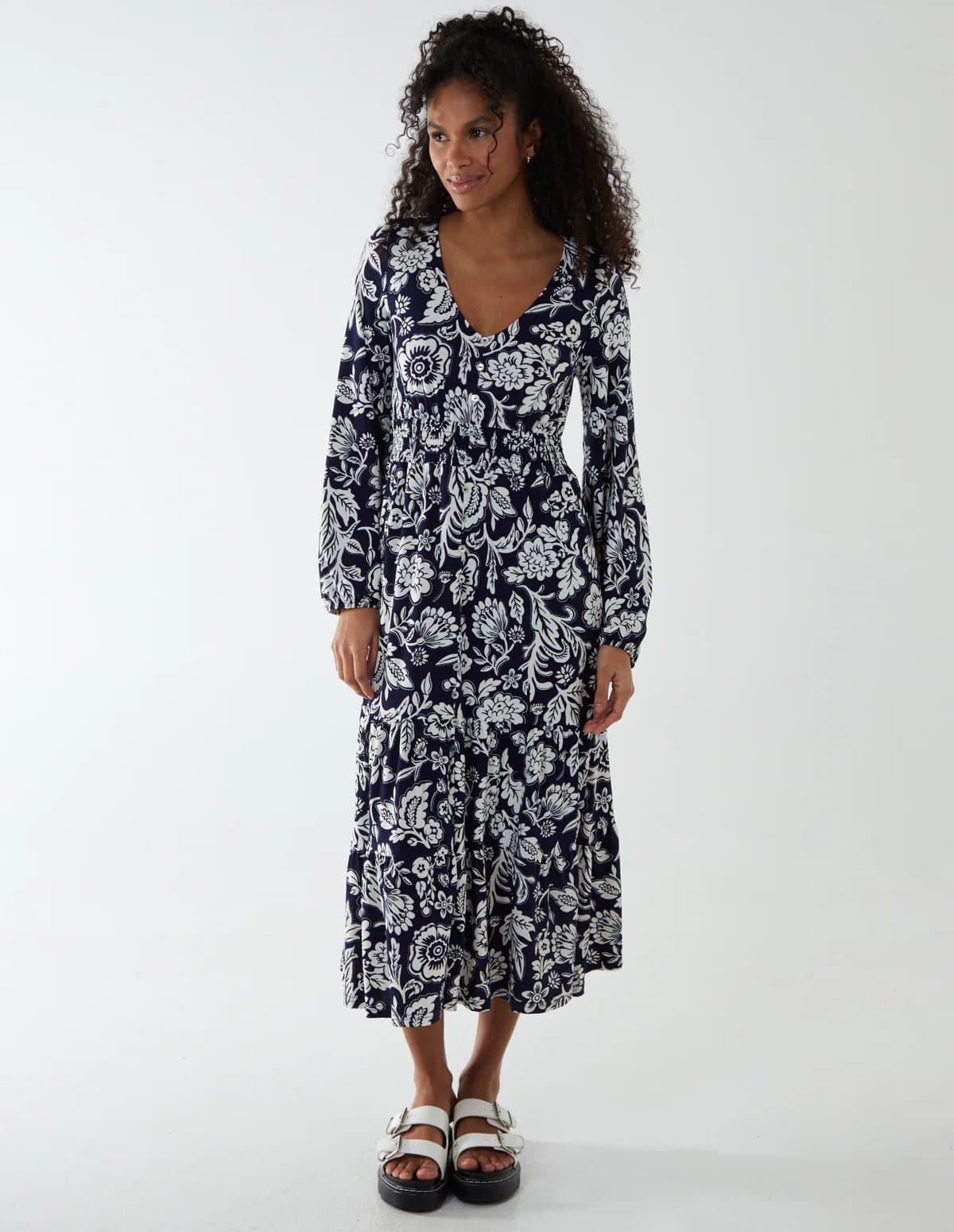 Blue Vanilla Floral Button Front Midi Dress