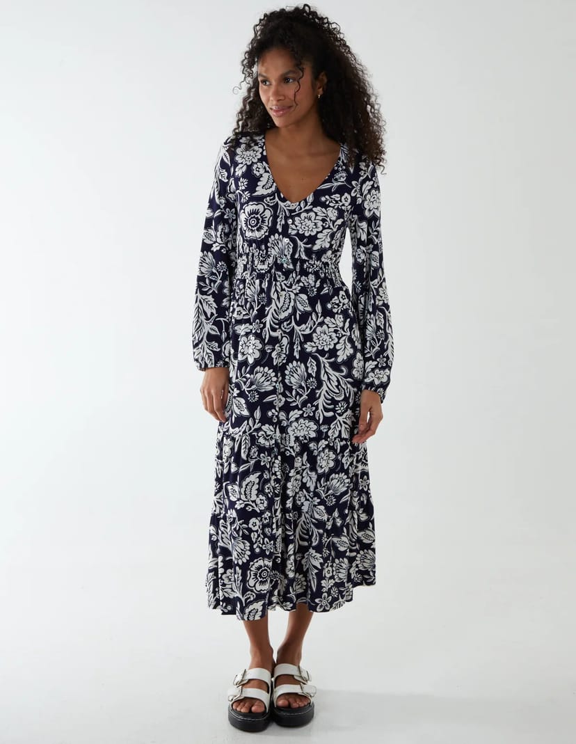 Blue Vanilla Floral Button Front Midi Dress - 1