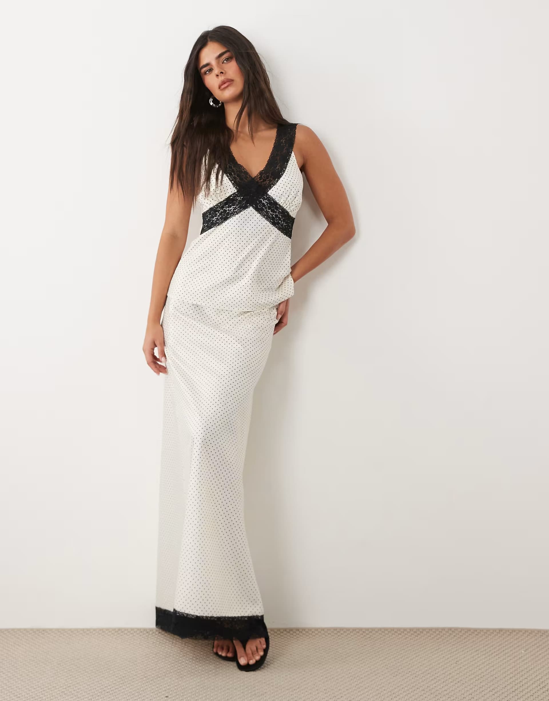 ASOS Brave Soul satin maxi skirt with lace trim in cream and black polka dot