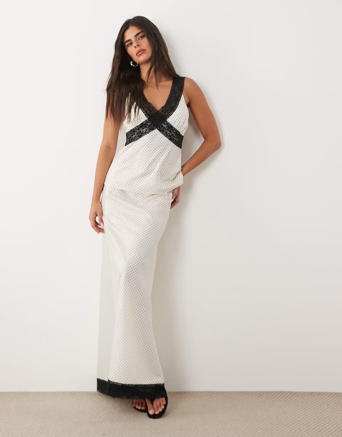 ASOS Brave Soul satin maxi skirt with lace trim in cream and black polka dot - 1