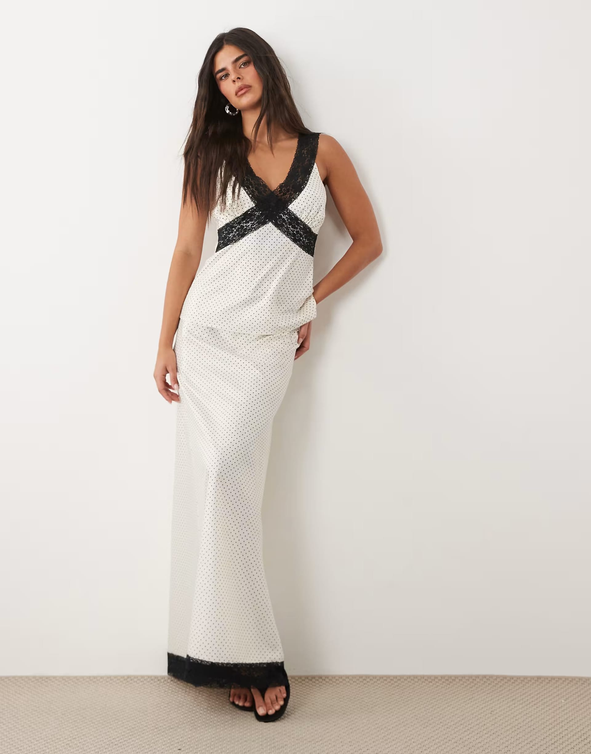 ASOS Cream Satin Maxi Skirt with Black Lace Trim