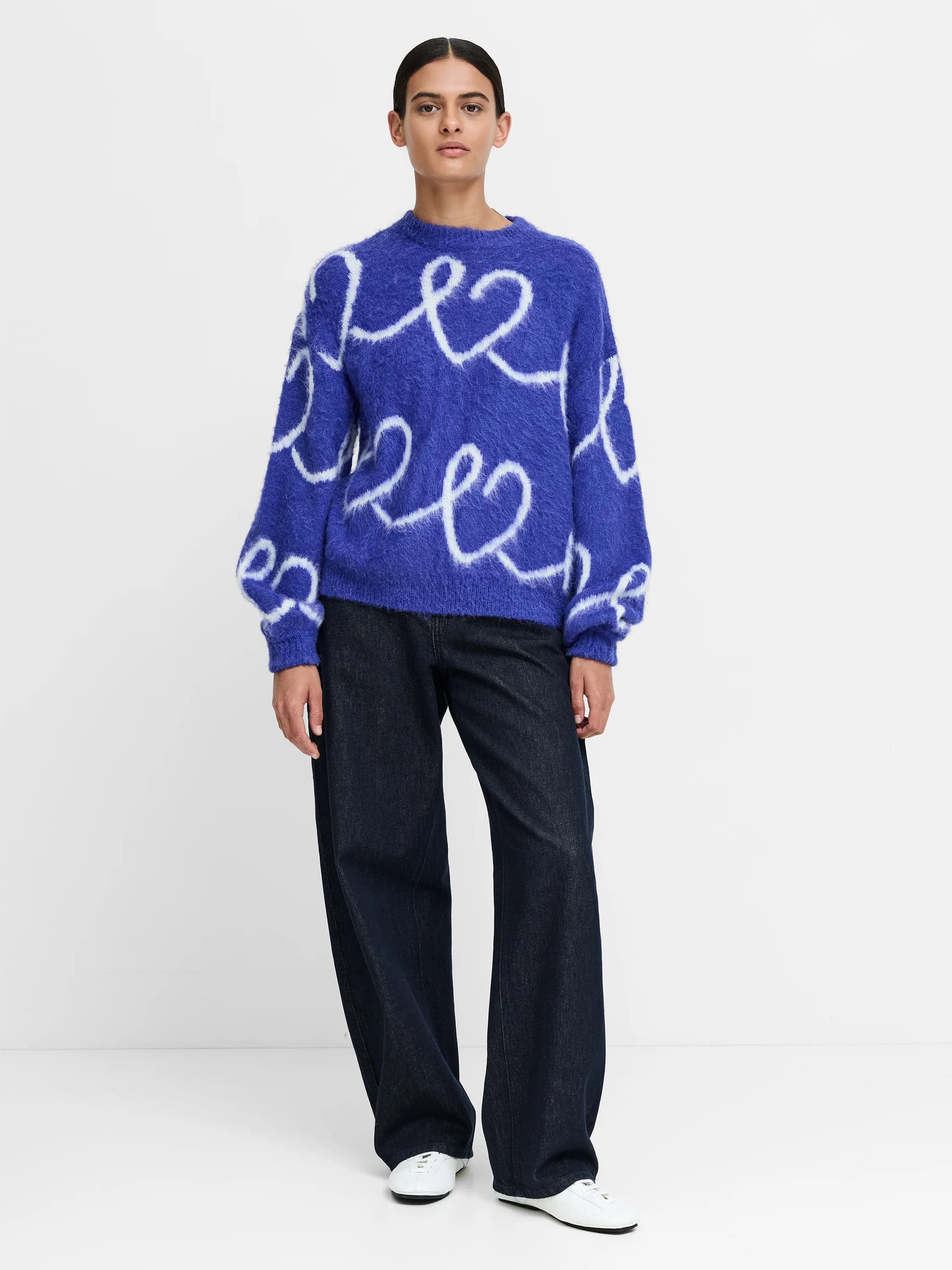 French Connection Hallie Blue Heart Pattern Knit Jumper Cobalt Blue/Winter White
