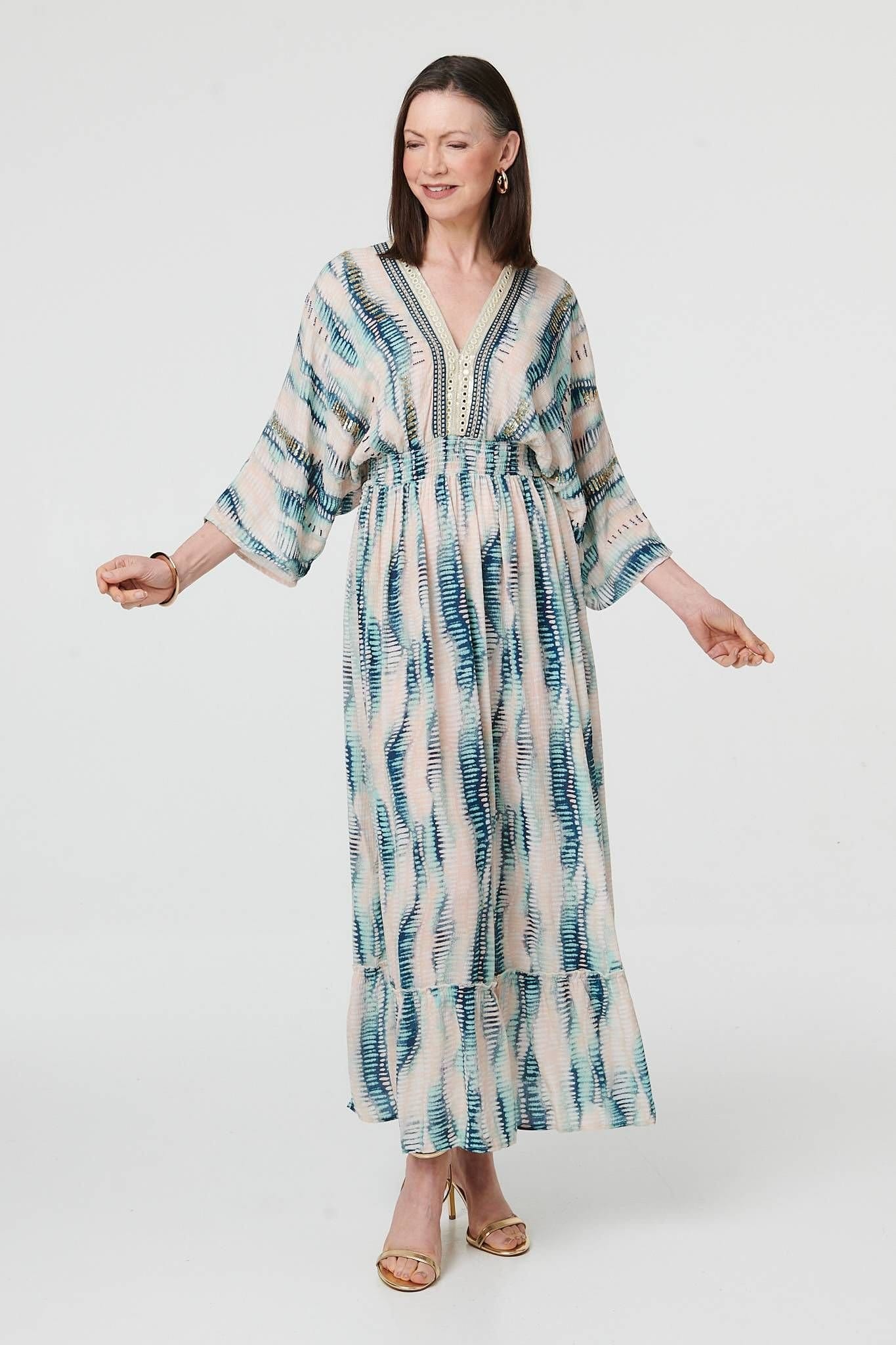 Izabel London Blue Printed 3/4 Sleeve Empire Maxi Dress