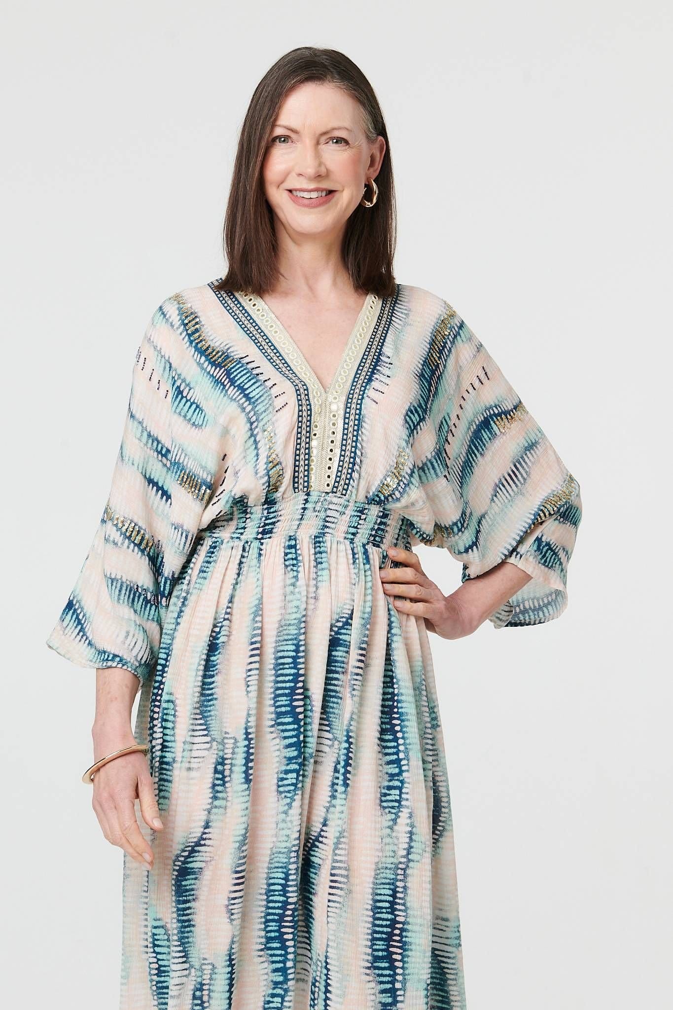 Izabel London Izabel London Women's Printed 3/4 Sleeve Empire Maxi Dress in Blue - 4