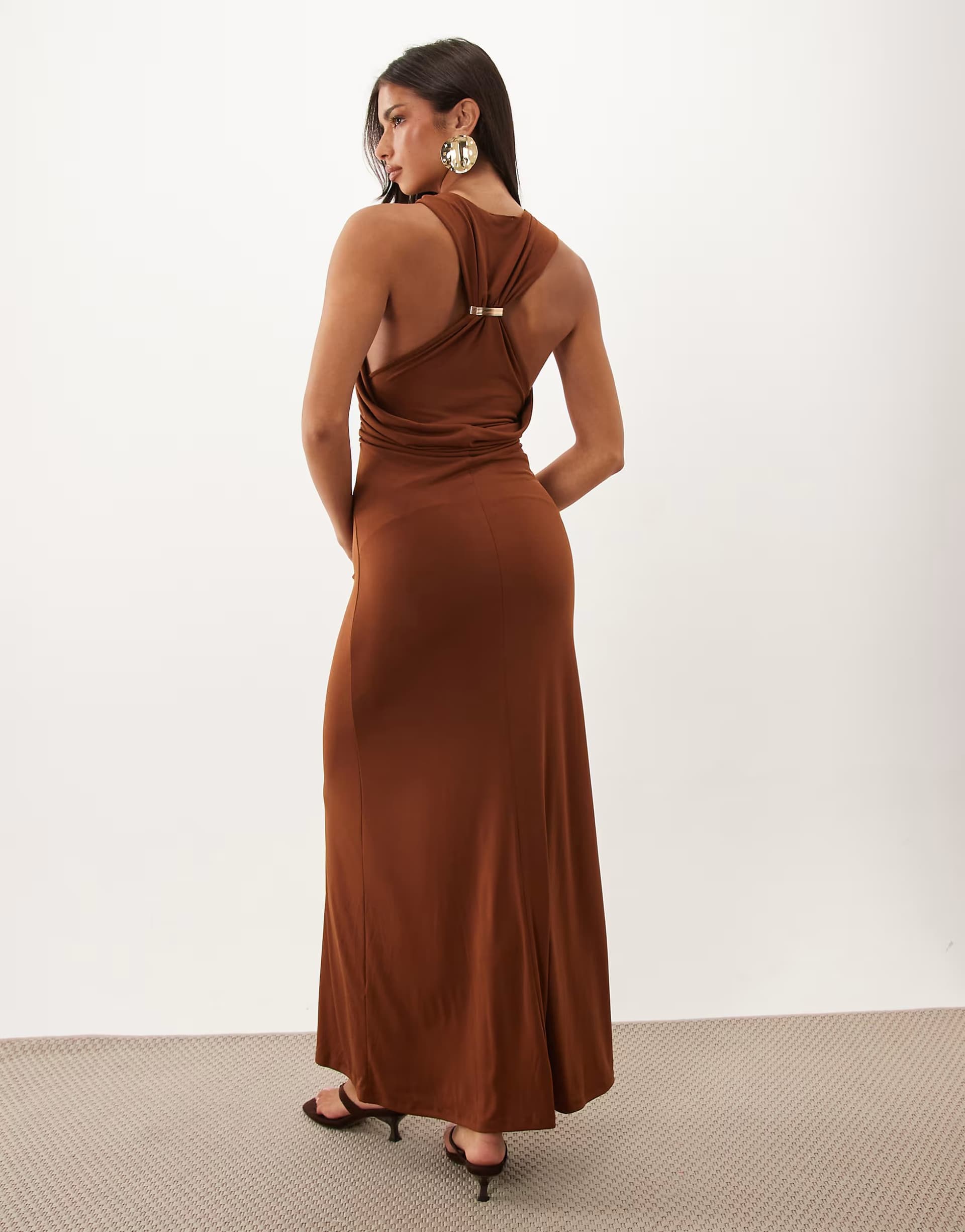 ASOS ASOS DESIGN soft touch column maxi dress with trim back detail in brown