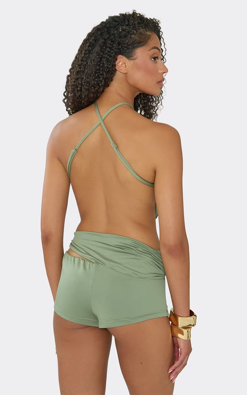 EGO Cowl Halterneck Cross Back Trim Detail Crop Top In Khaki, Women's Size UK 6 - 1