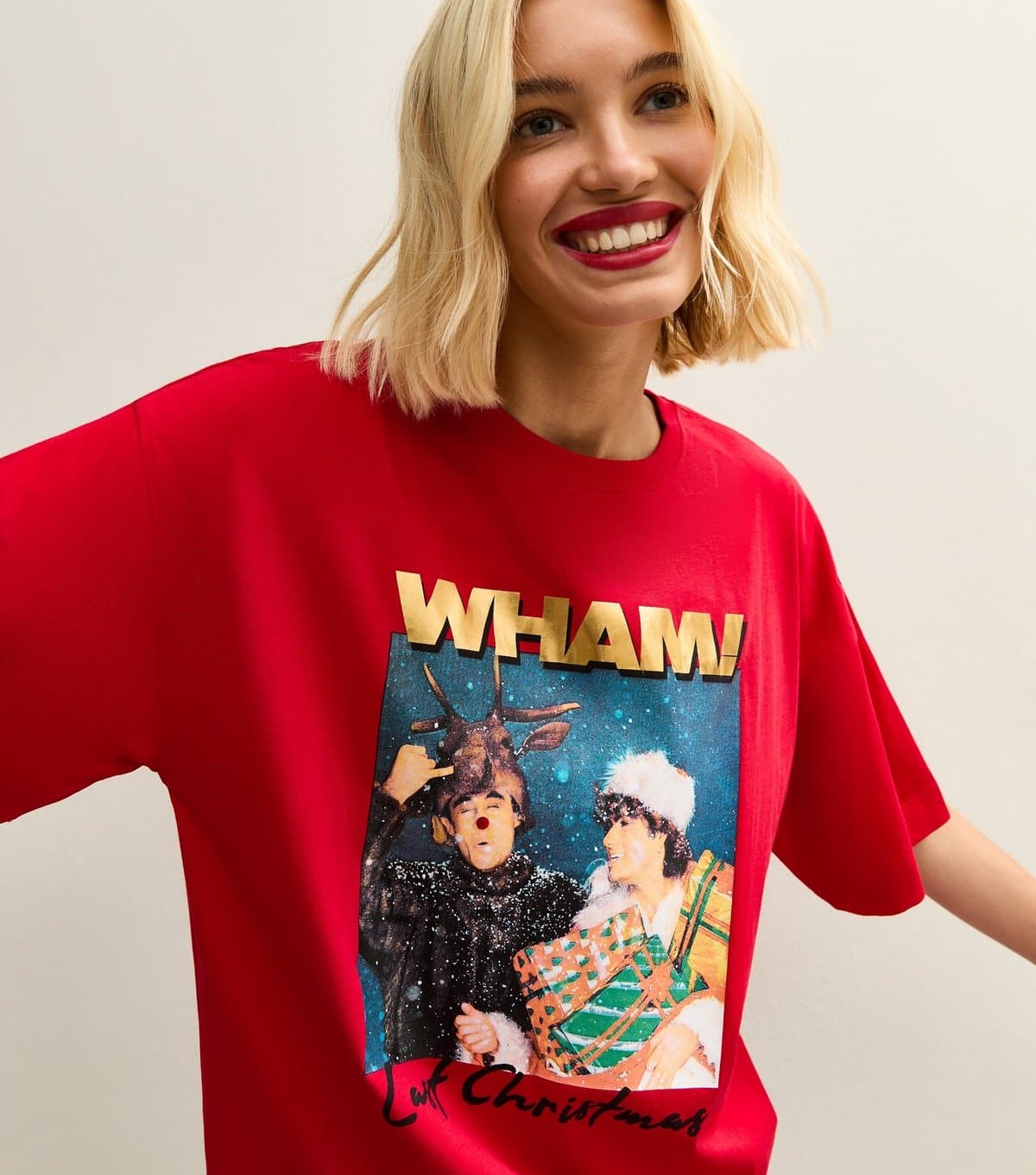 New Look Women's Bright Red Christmas Wham! Print Oversized T-Shirt New Look