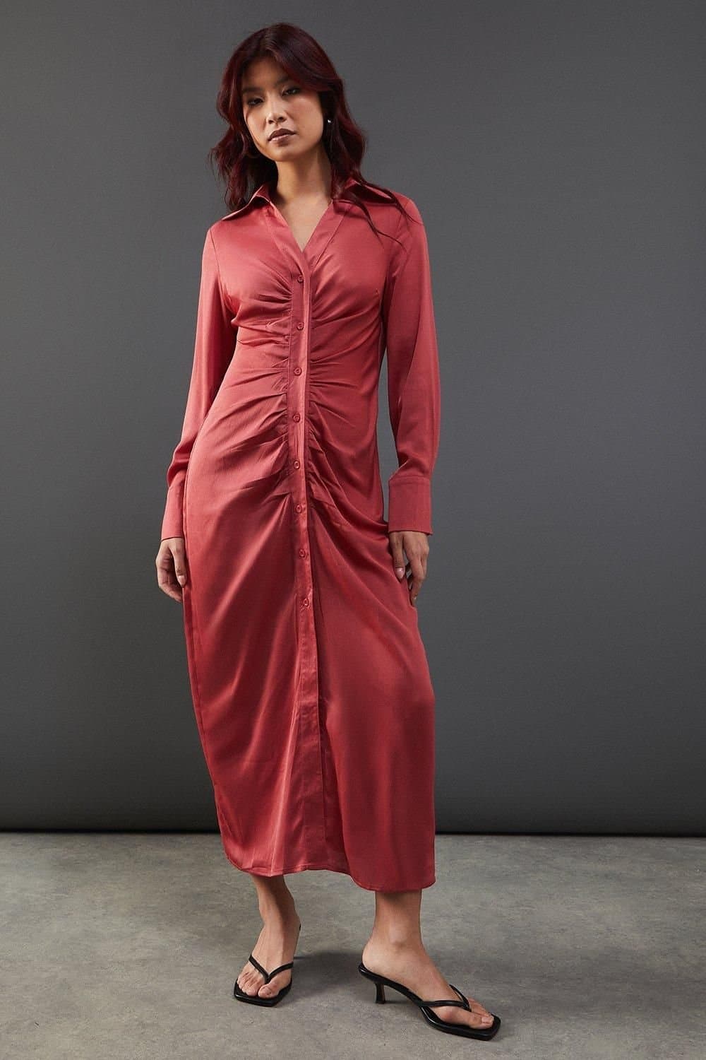 Warehouse Warehouse Women's Satin Ruched Front Midi Shirt Dress in Hot Pink