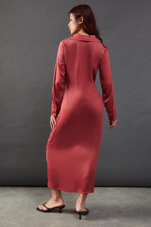 Warehouse Warehouse Women's Satin Ruched Front Midi Shirt Dress in Hot Pink - 3