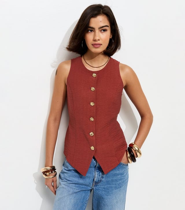 New Look Women's Rust Crinkled Textured Button Waistcoat New Look - 2