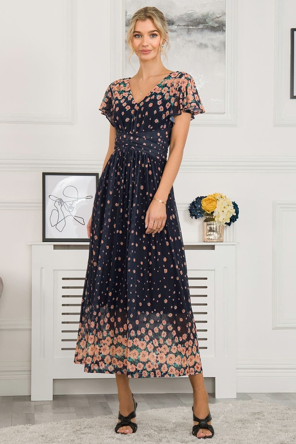Jolie Moi Jolie Moi Women's Mably Mirror Print Maxi Mesh Dress in Navy