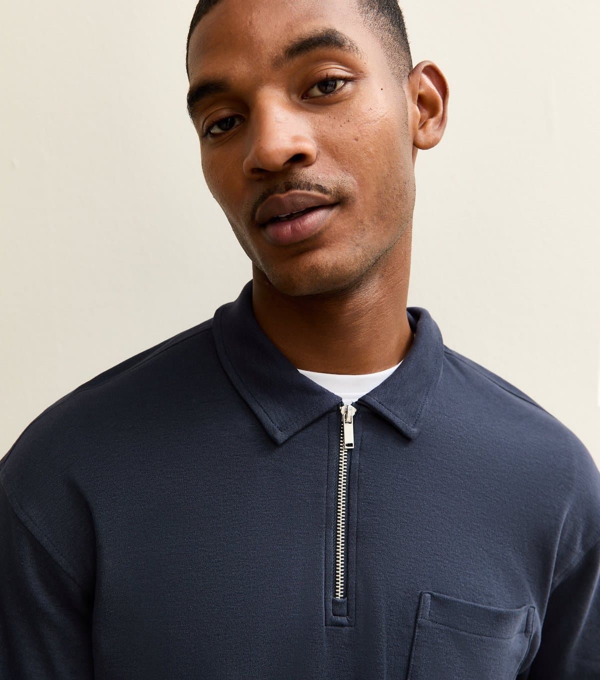 New Look Men's Navy Relaxed Quarter Zip Polo Collar Top New Look