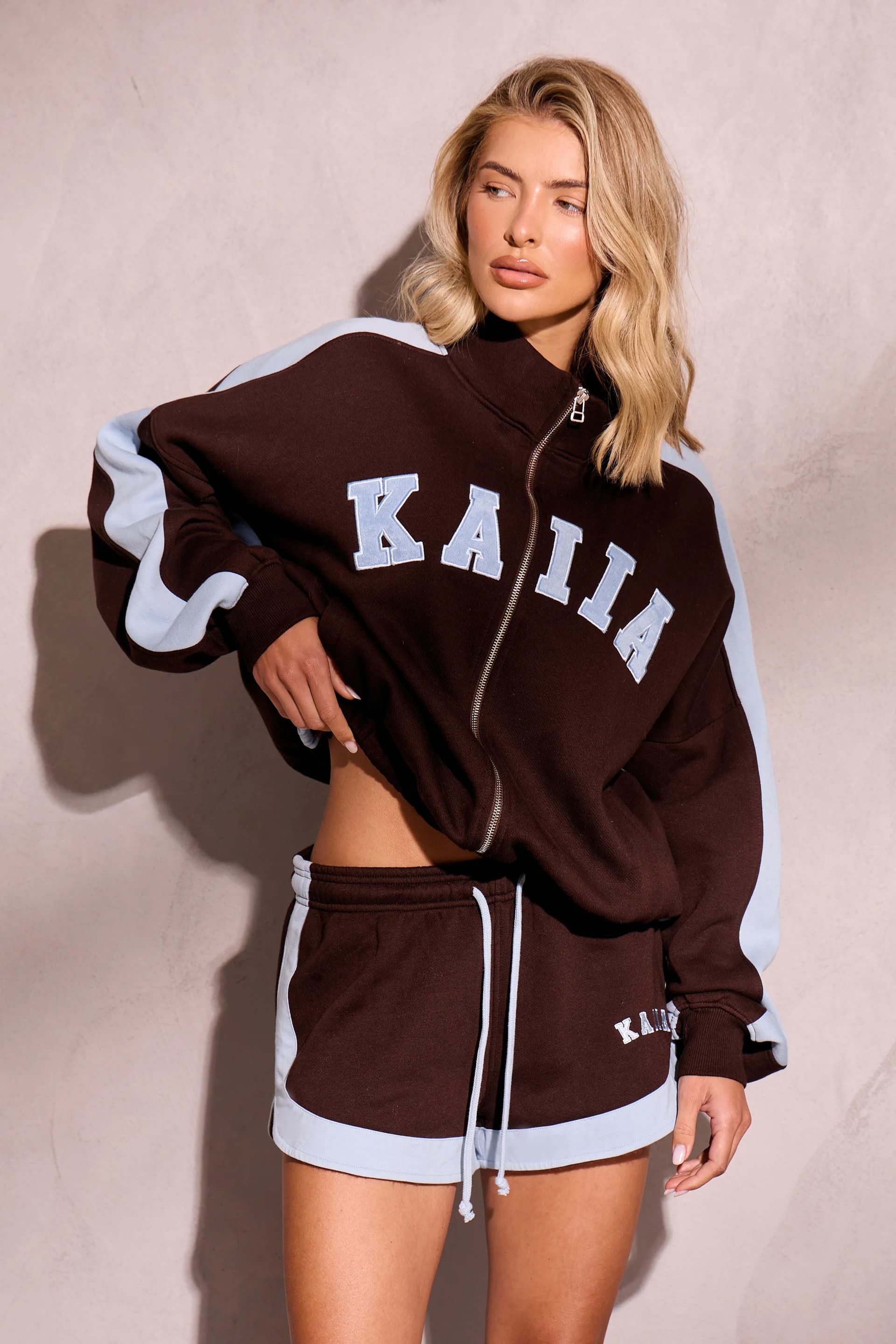 Kaiia Kaiia Sport Stripe Mini Shorts Chestnut Brown & Dusty Blue