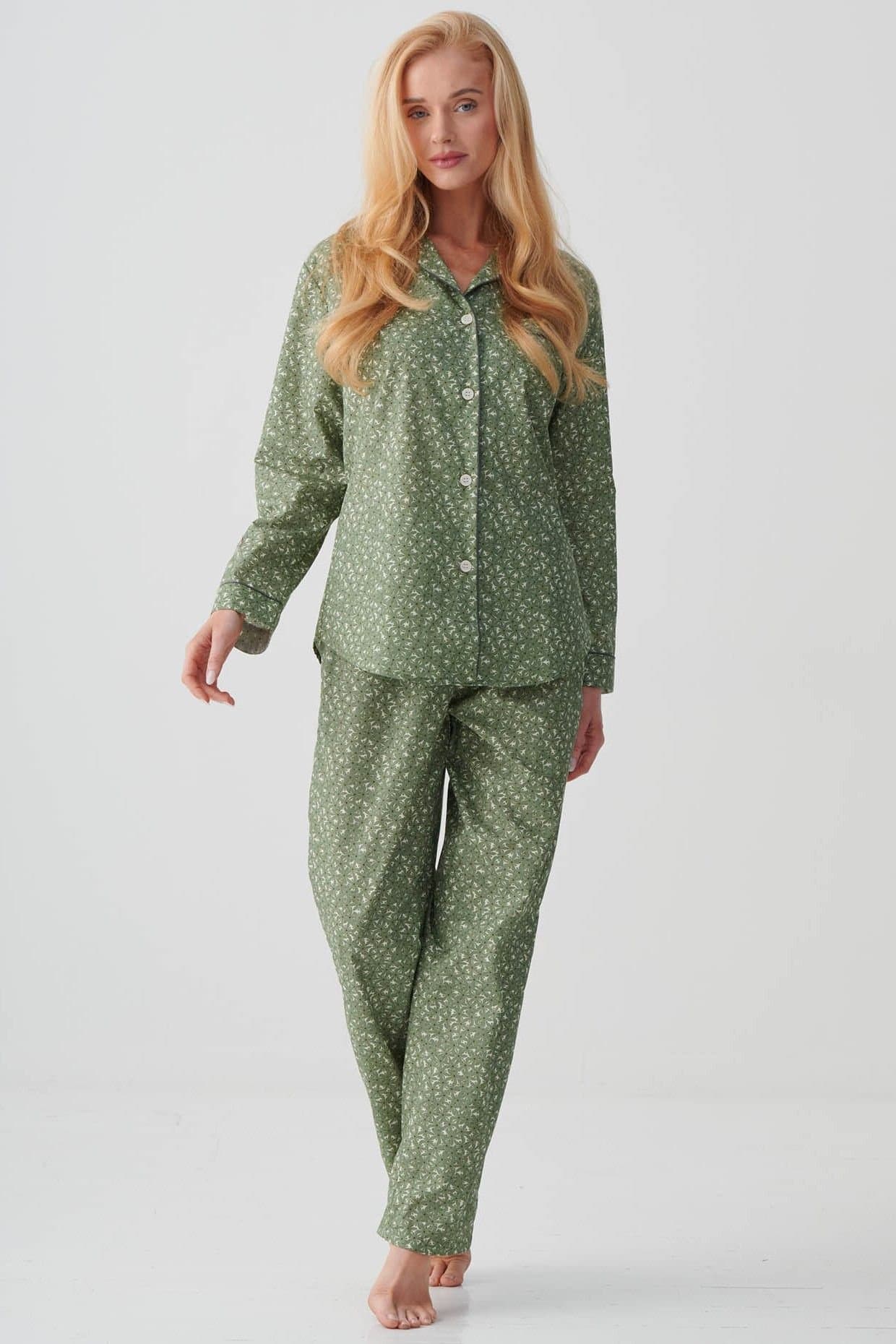 British Boxers British Boxers Women's "Shrub Sage Flower" Crisp Cotton Pyjama Set in Pale Green