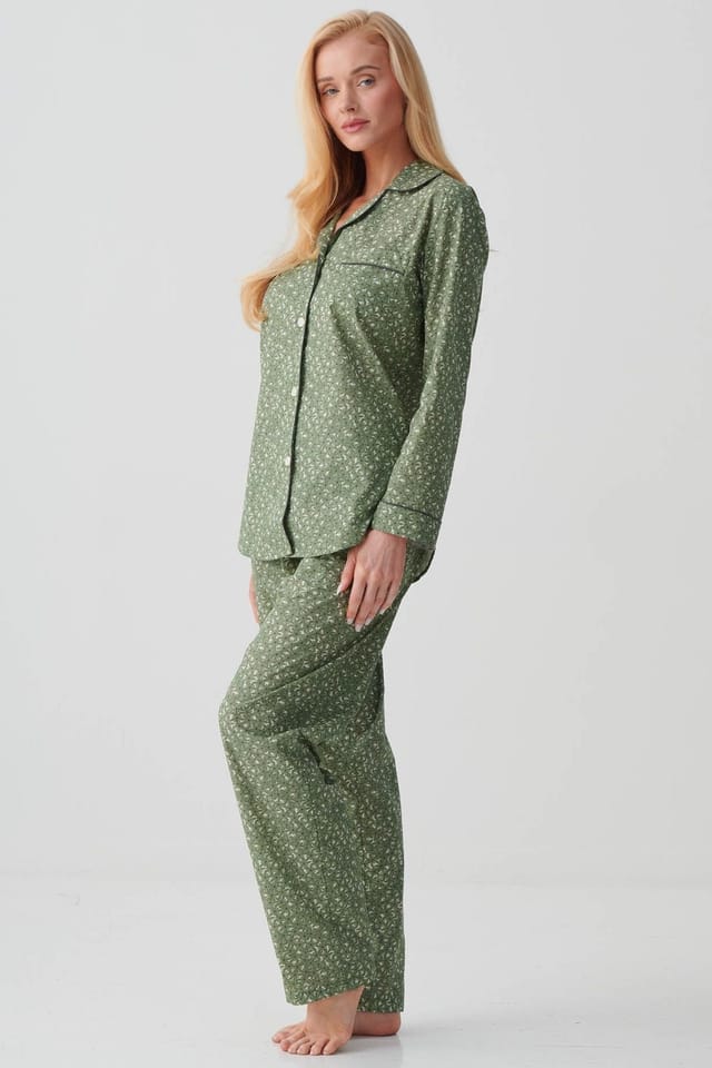 British Boxers British Boxers Women's "Shrub Sage Flower" Crisp Cotton Pyjama Set in Pale Green - 2