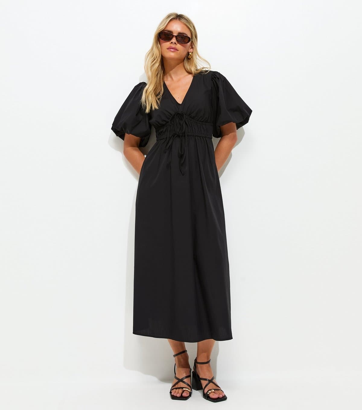 New Look Women's Petite Black Puff Sleeve Midi Dress New Look