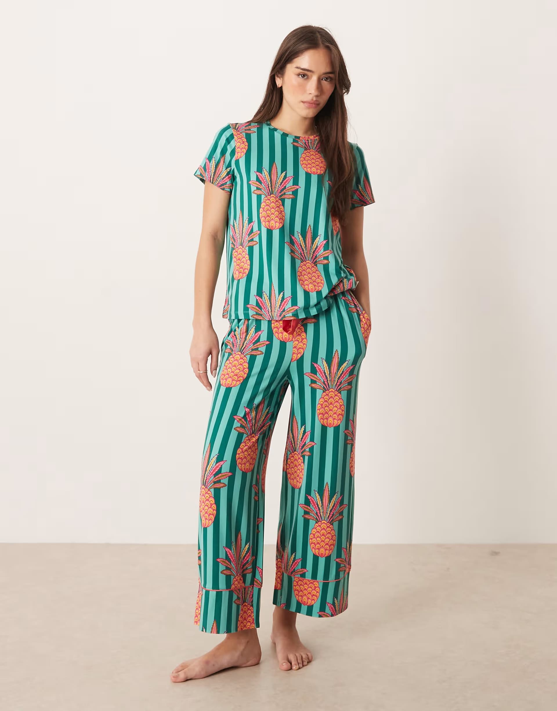 ASOS Chelsea Peers short sleeve jersey crew neck nightwear set in pineapple stripe print