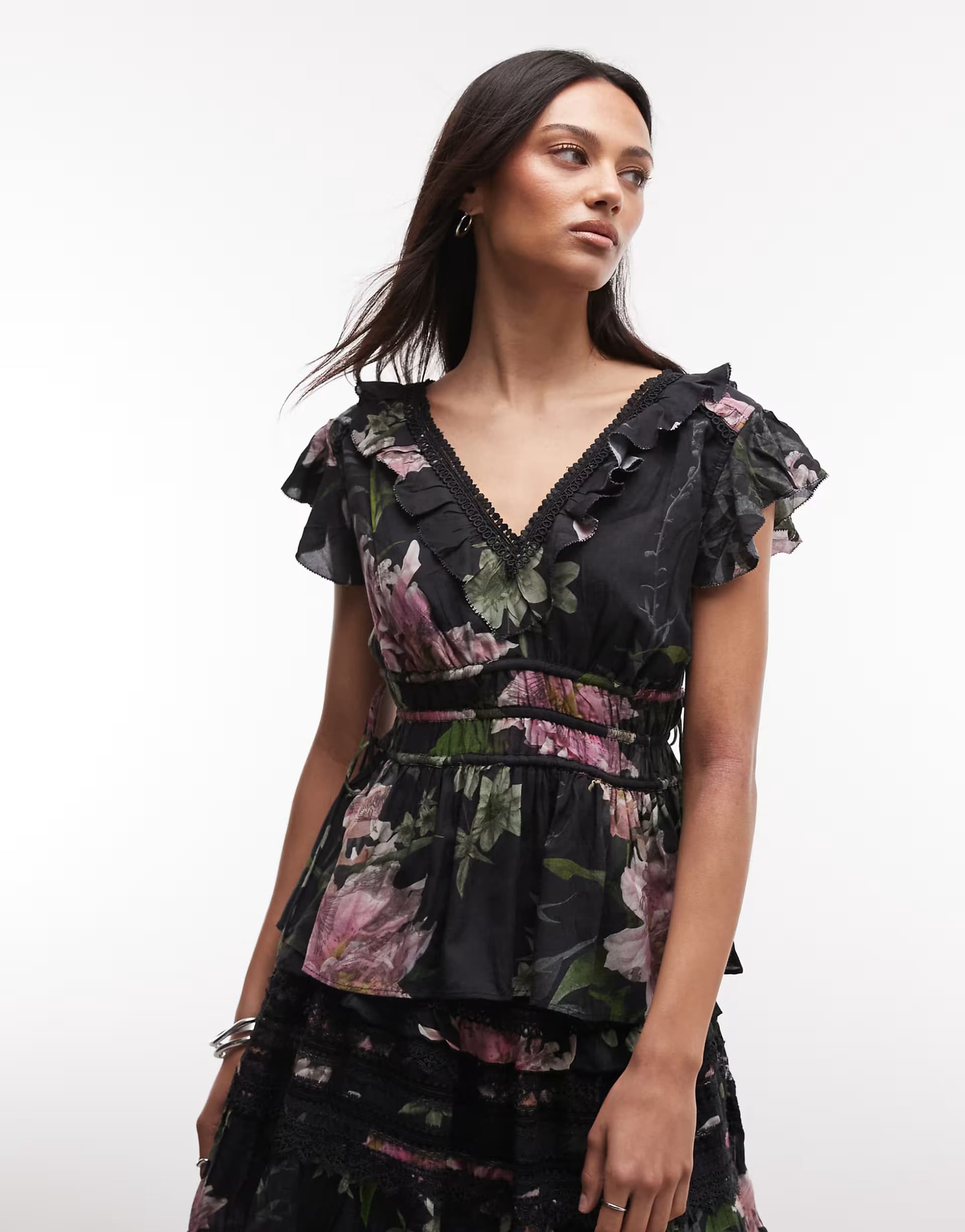 ASOS AllSaints Canto co-ord thrilly lace ruched floral top in black