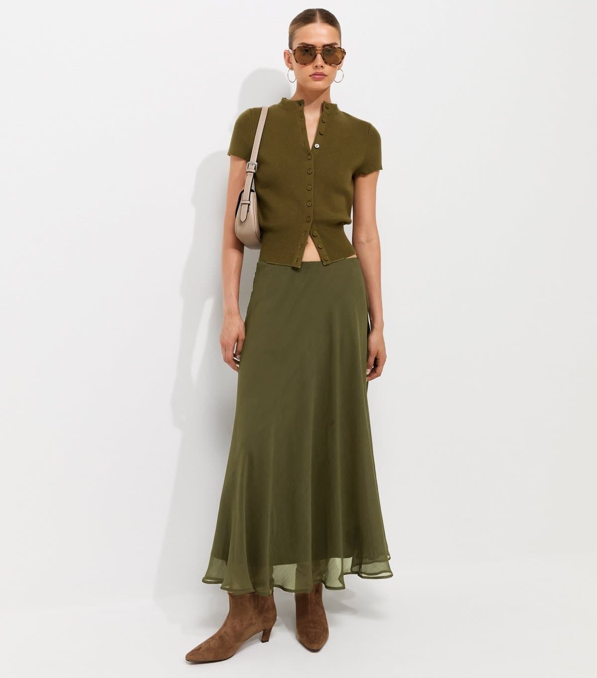 New Look Women's Dark Khaki Chiffon Circle Skirt New Look