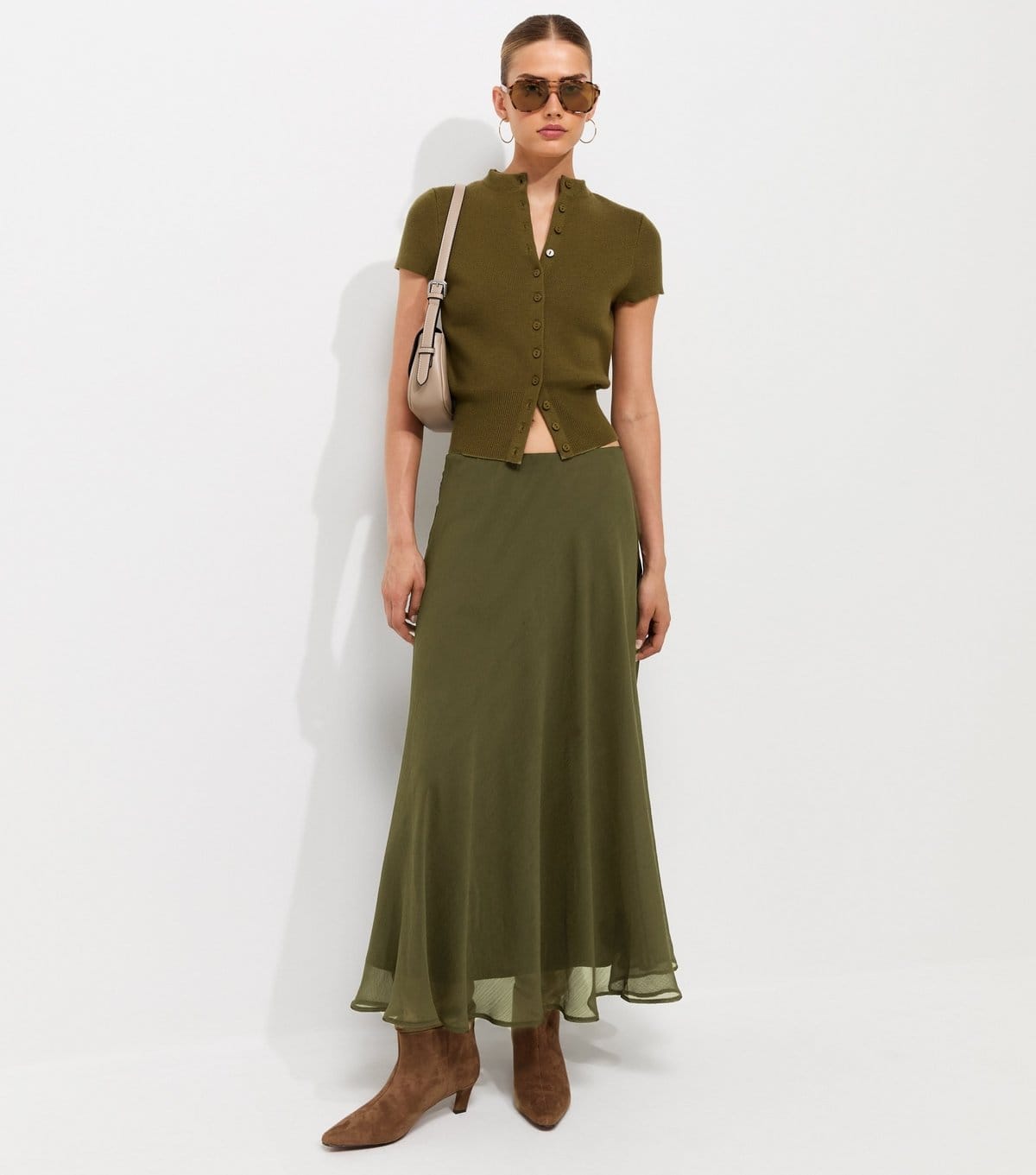 New Look Khaki Chiffon Circle Skirt