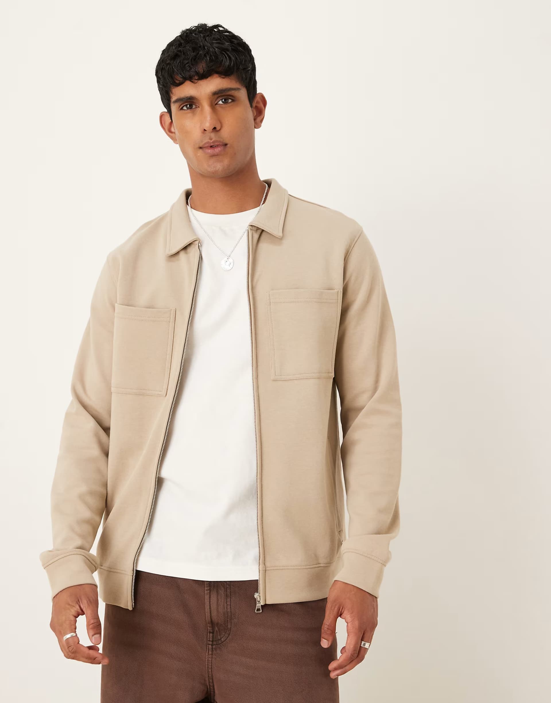 ASOS Threadbare cotton mix 300 GSM long sleeve overshirt in stone