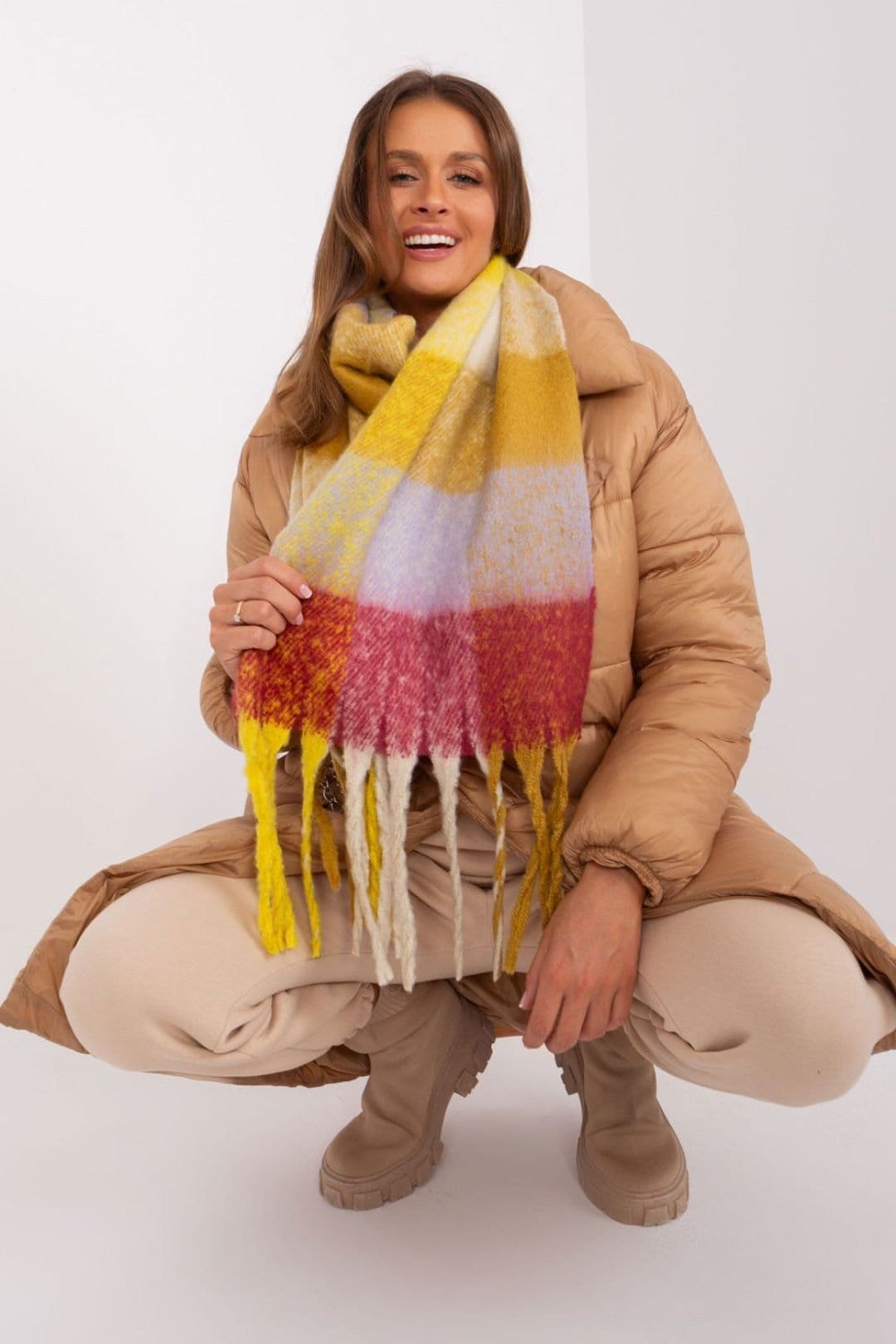 Love Lace Love Lace Women's Long Colorful Plaid Tassel Scarf Polyester for Fall Winter in Yellow - 4