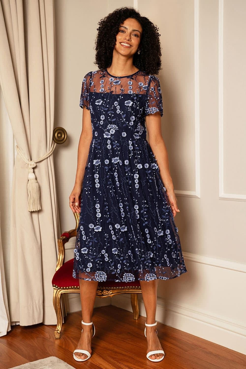 Yumi Yumi Women's Navy Embroidered Mesh Midi Dress