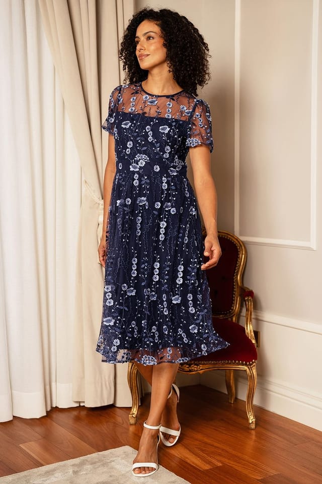 Yumi Yumi Women's Navy Embroidered Mesh Midi Dress - 2