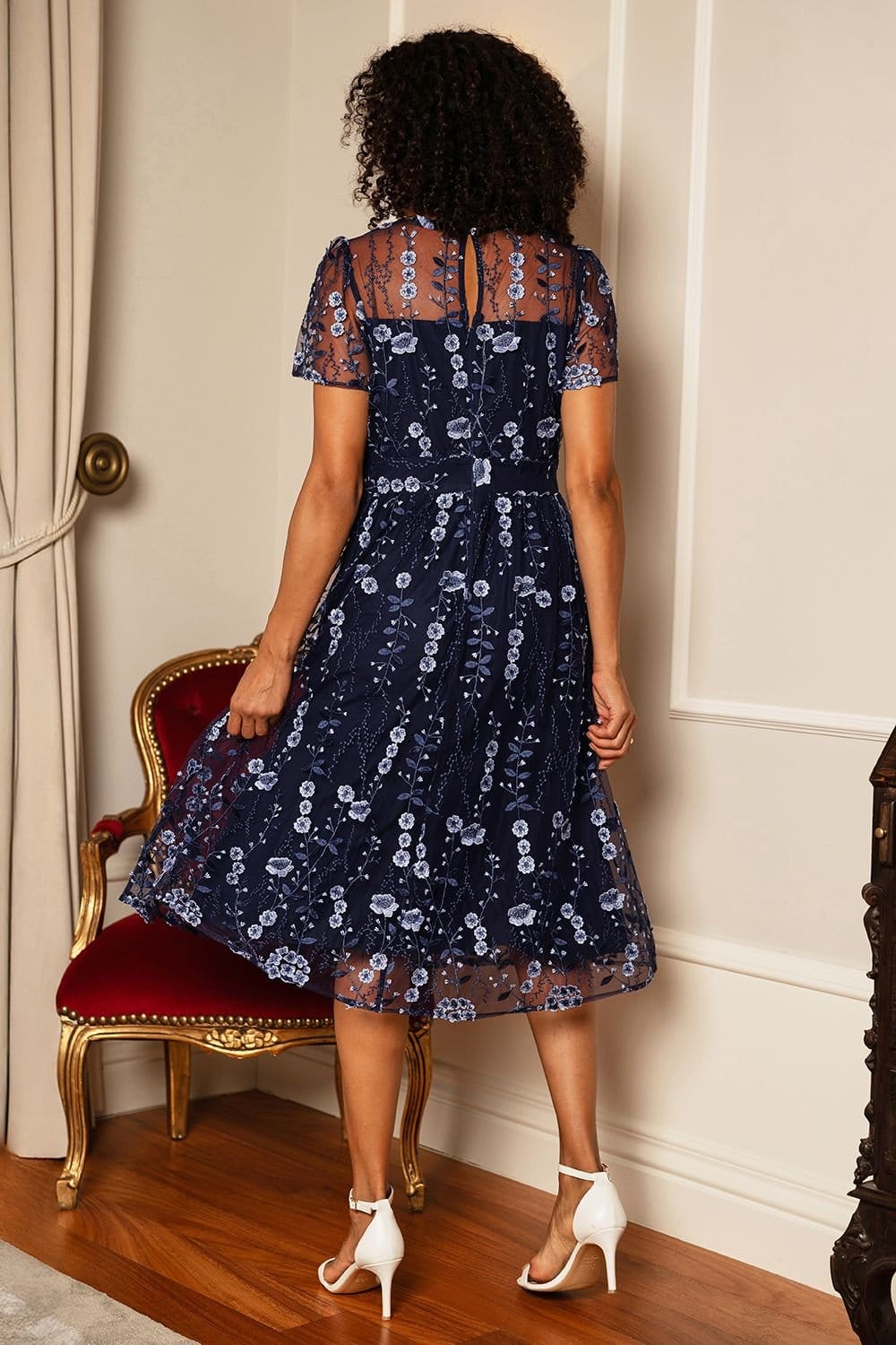 Yumi Yumi Women's Navy Embroidered Mesh Midi Dress - 4