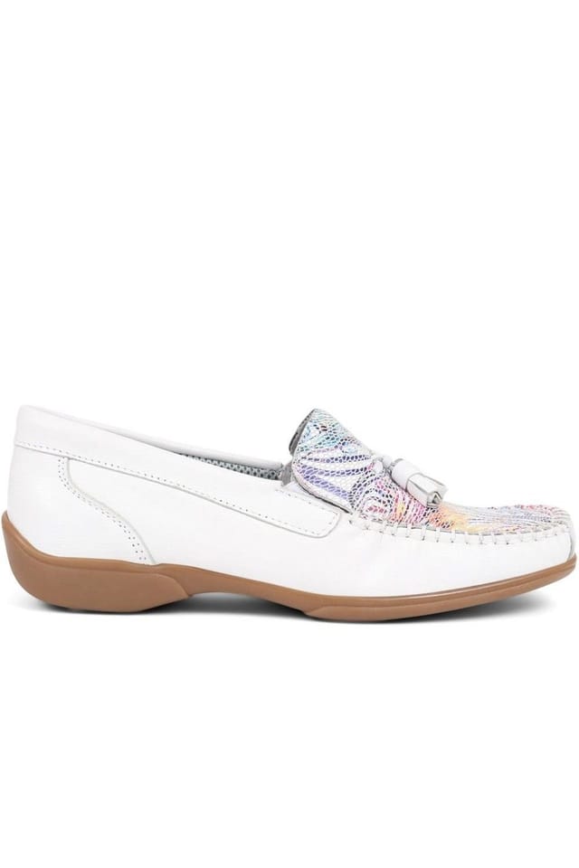 Pavers Pavers Women's Embroided Panel Leather Loafers in White - 2