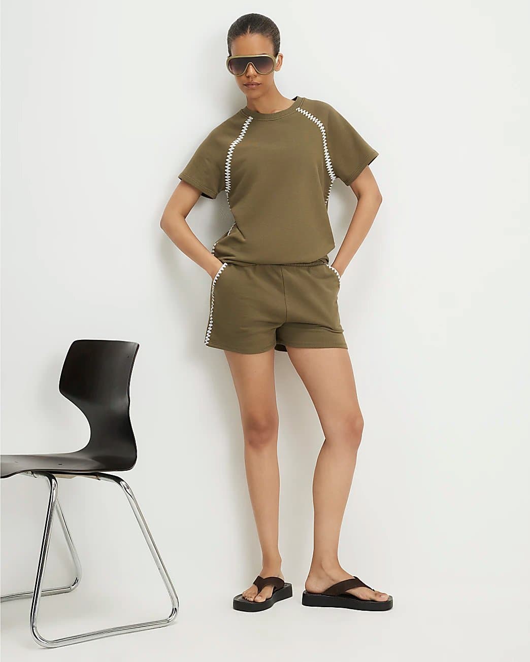 River Island River Island Womens Khaki Cotton Blend Whipstitch Trim Shorts
