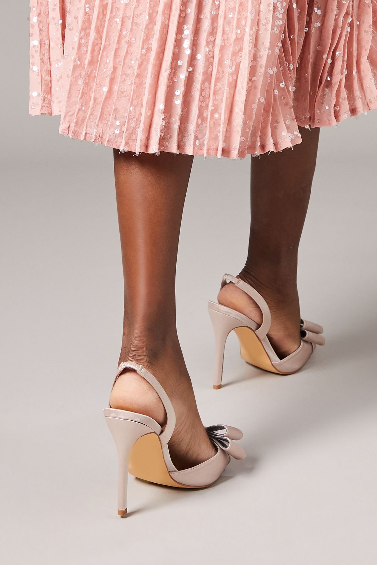 Coast Coast Women's Wide Fit Tamara Satin Bow Sling Back Stiletto Court Shoes in Mocha - 4