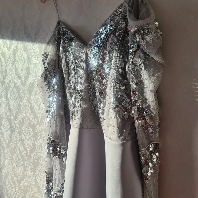 ASOS Silver Sequin Skater Dress with Leaf Design