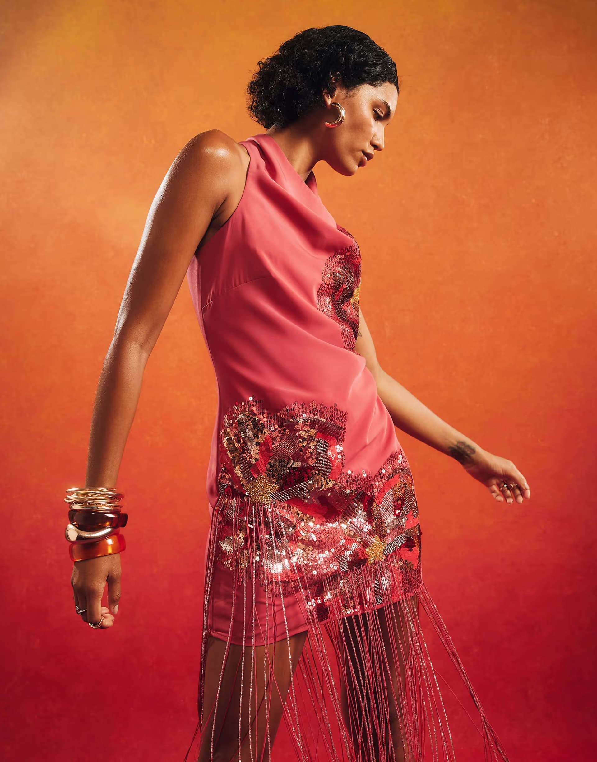 ASOS River Island Pink sequin tassel mini dress in orange