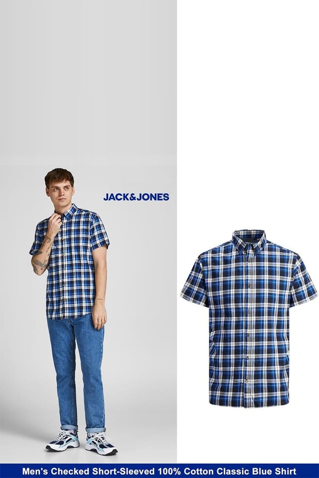 jack & jones Jack & Jones Men's Mens Blue Checked Shirt Cotton Short Sleeve Casual Size S - 2