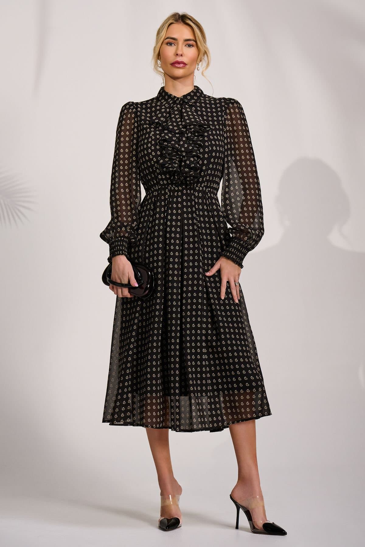 Jolie Moi Jolie Moi Women's Chiffon Print Ruffled Shirt Dress in Black