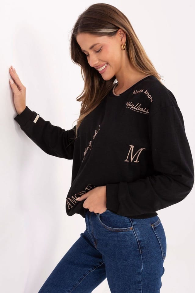 Love Lace Love Lace Women's Embroidered Soft Cotton Polyester Sweatshirt in Black - 2