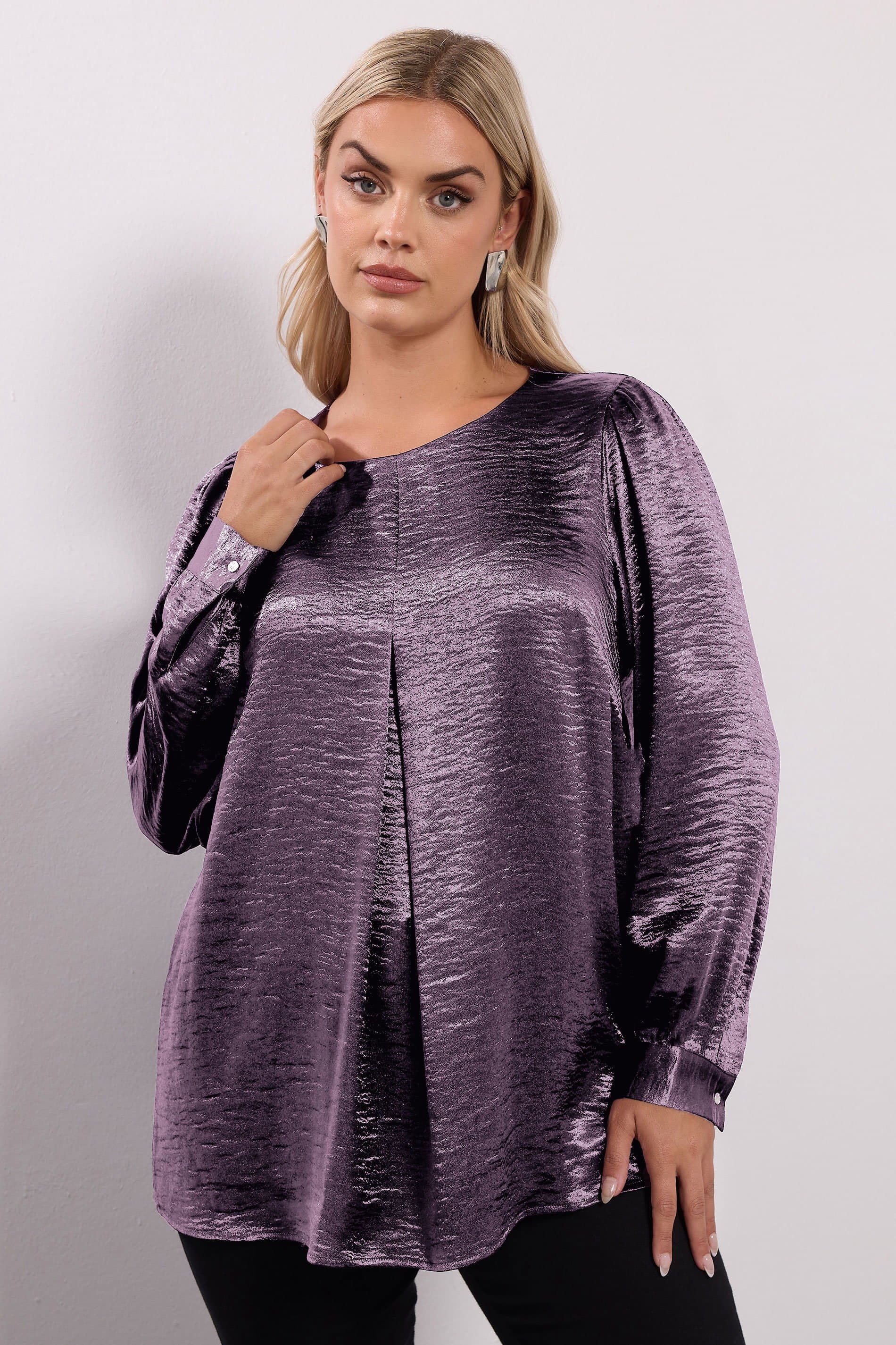 Yours Plus Size Purple Crushed Satin Pleat Front Blouse