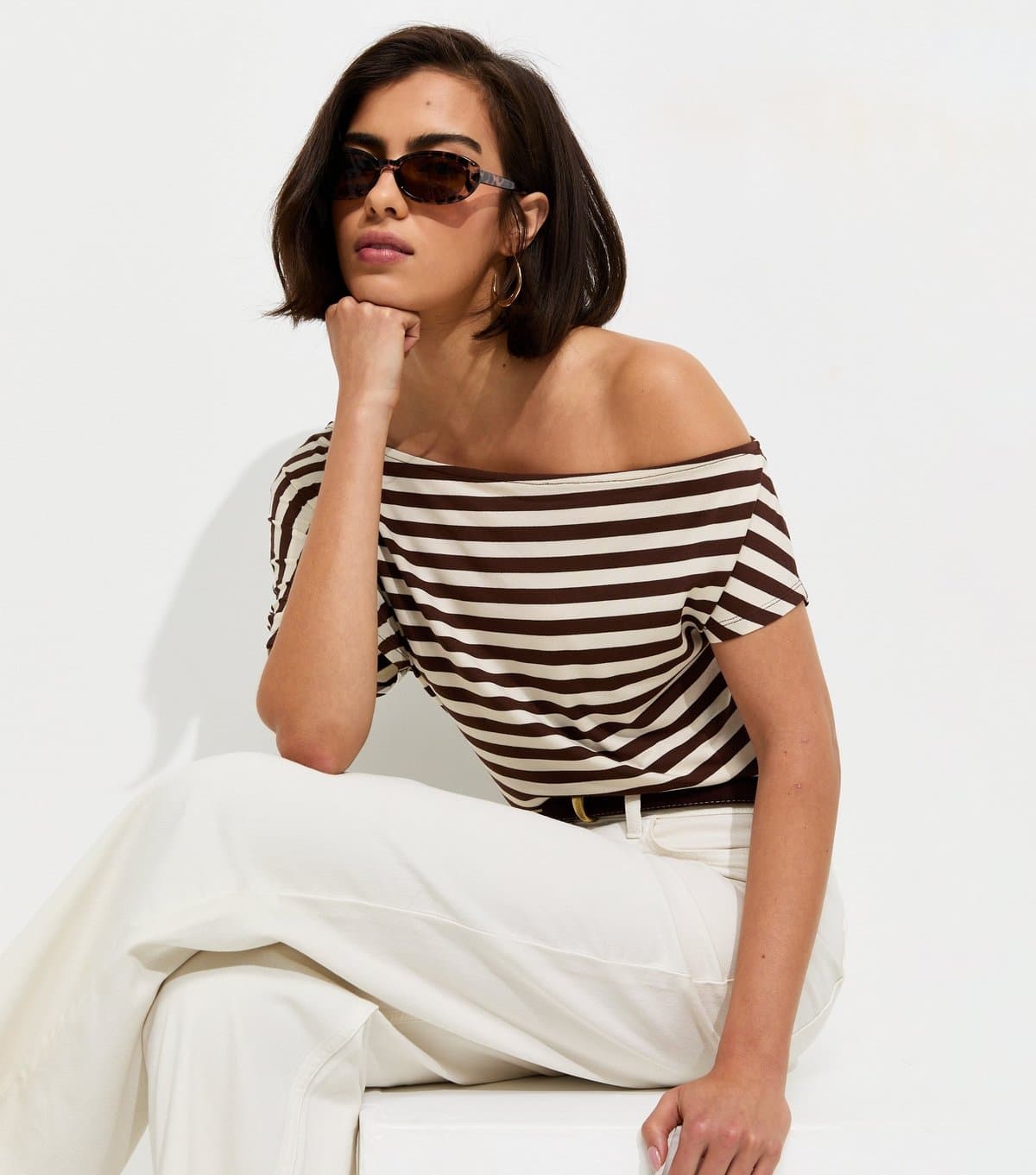 New Look Women's Brown Striped Off The Shoulder T-Shirt New Look