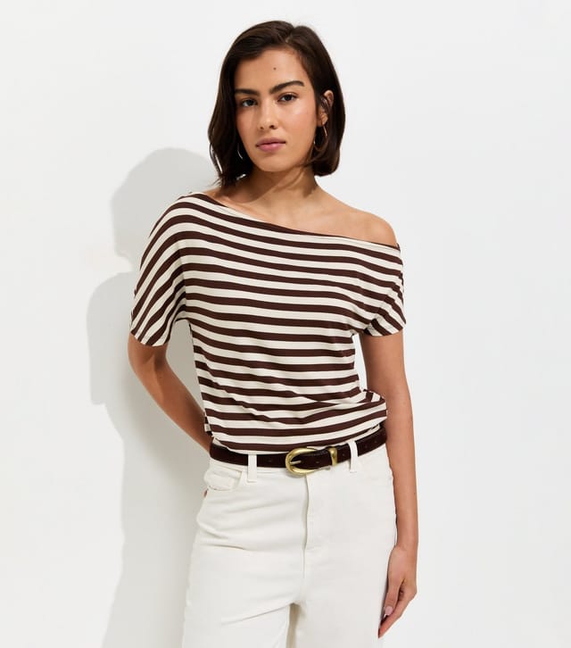 New Look Women's Brown Striped Off The Shoulder T-Shirt New Look - 3