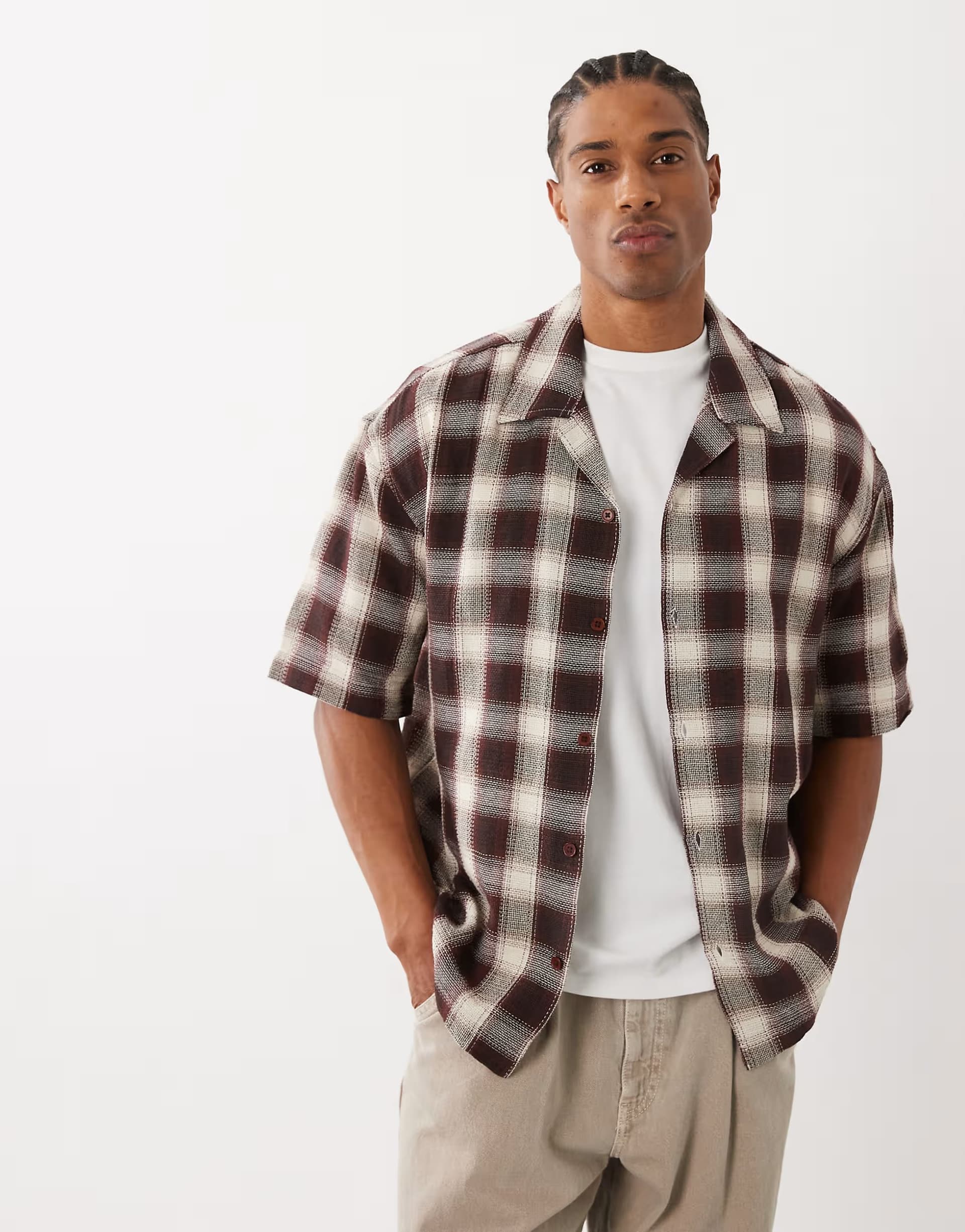 ASOS ONLY & SONS relaxed fit short sleeve shirt in brown check
