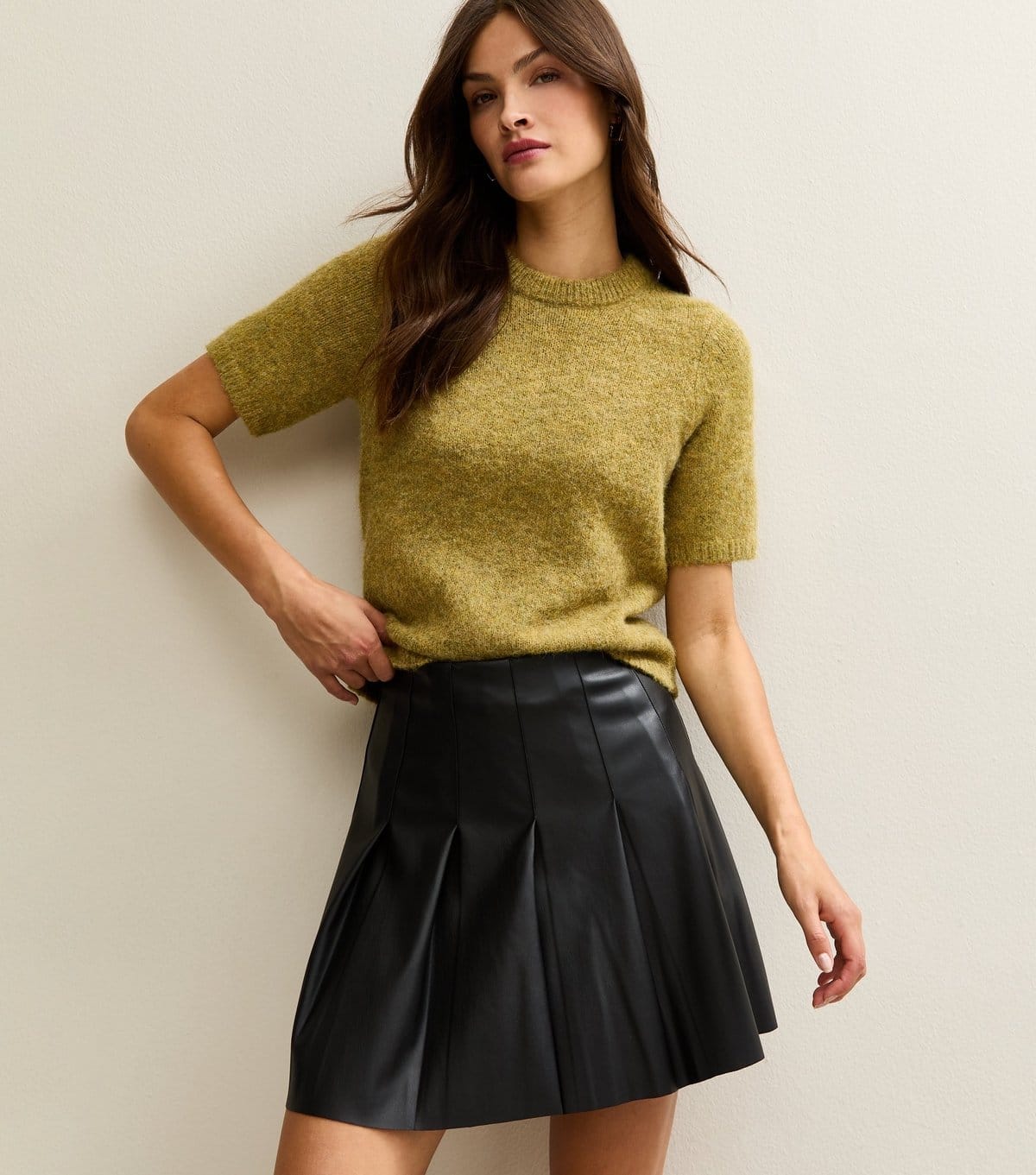 New Look Tall Black Faux Leather Pleated Mini Skirt