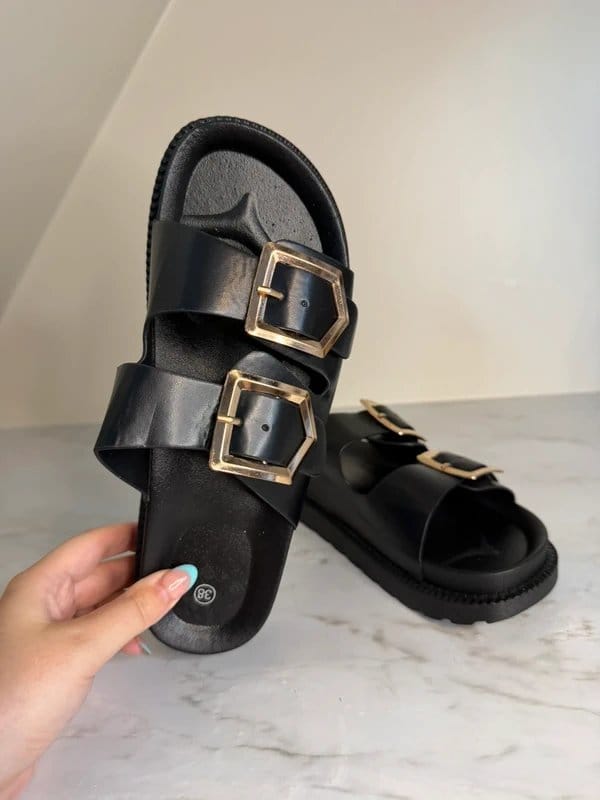 The Unbranded Brand Black Faux Leather Gold Buckle Sandals Sliders Size EU 38 UK 5 New in Box - 1