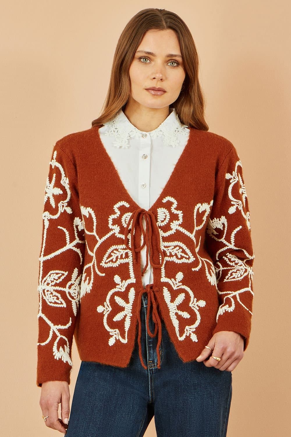 Yumi Yumi Women's Brown Folk Embroidered Tie Front Cardigan